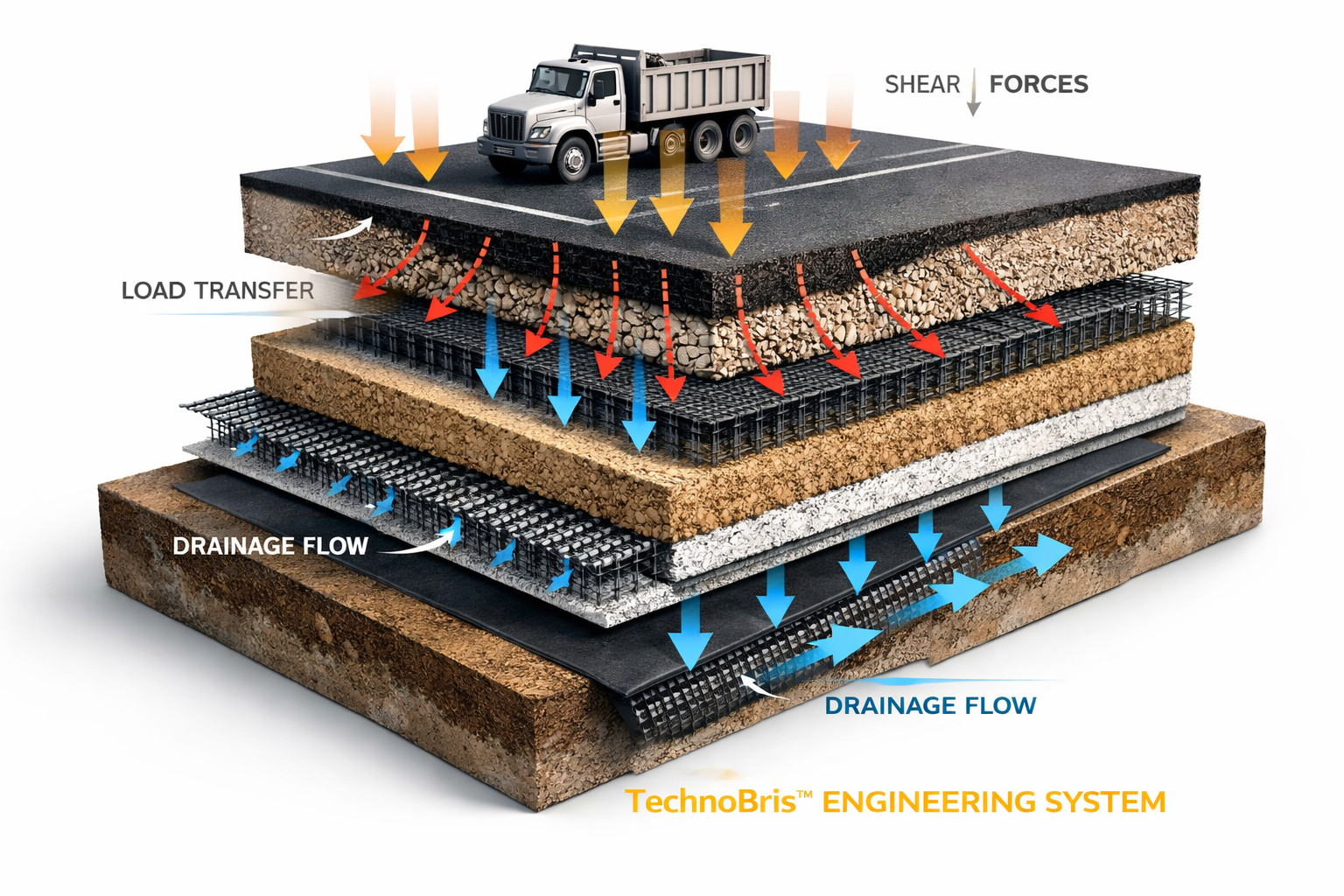 Integrated geosynthetic system cross-section and load interaction modelling